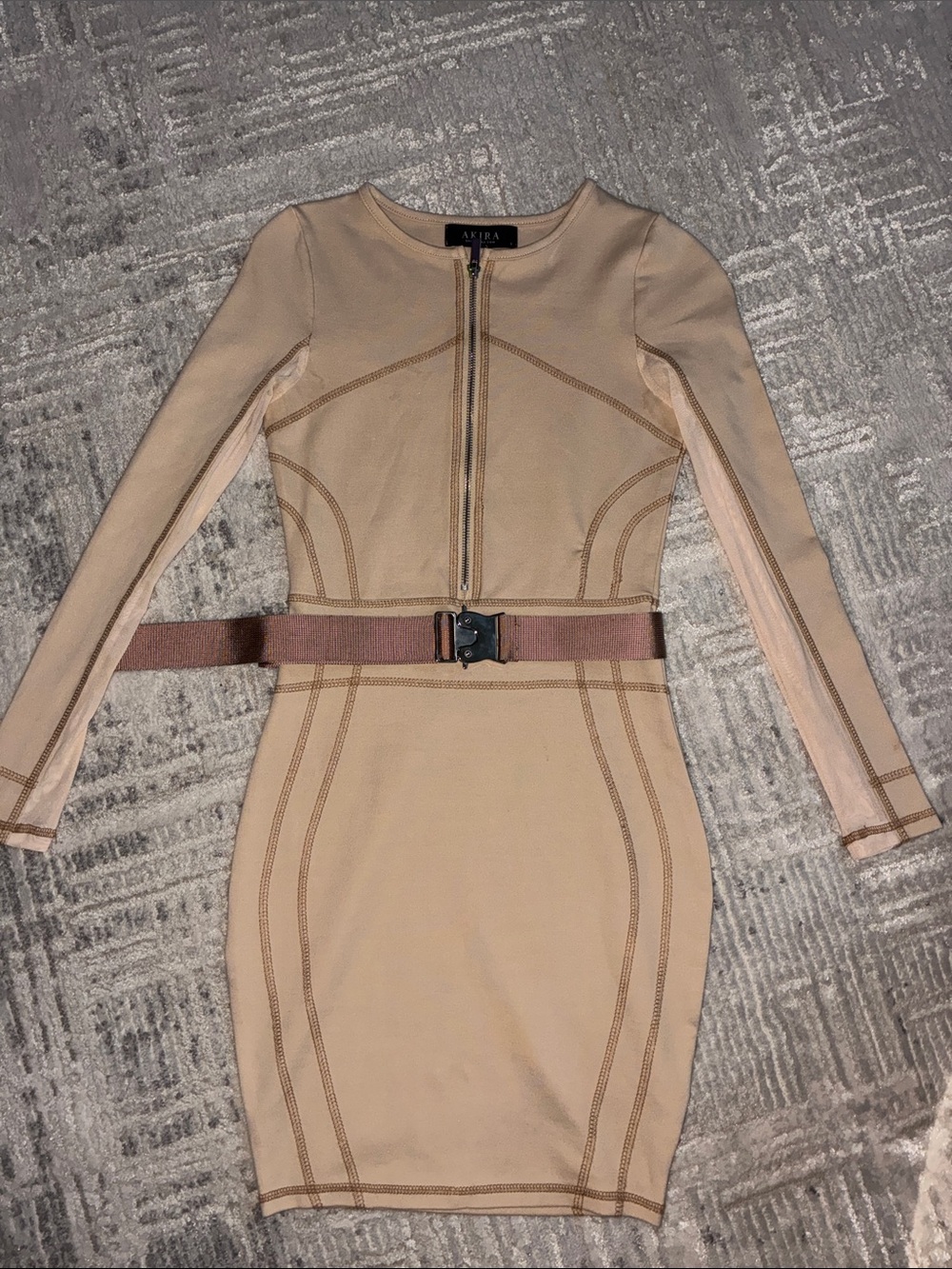 AKIRA Tan Long-Sleeve Bodycon Dress with Front Zip and Belt